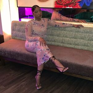 Pink & Purple Sheer Mesh Floral Bodycon Midi Dress | Size S | Worn Once